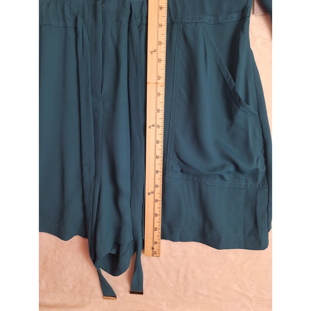 Jennifer Lopez Womens 14 Roll Tab Sleeve Shorts Romper Turquoise Green Pockets - Picture 9 of 15